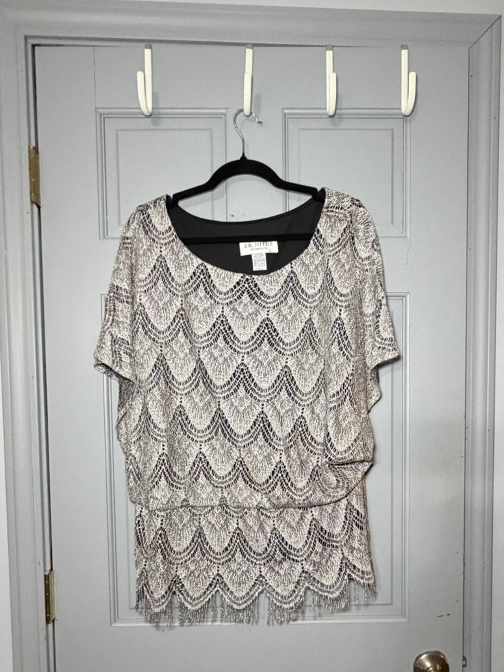 Y2K J.R. Nites by carol lin silver and Black Lace Overlay Blouse w Scallop Hem